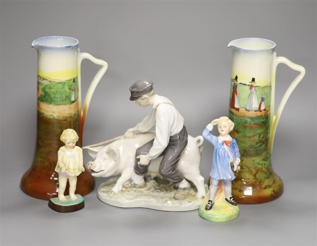 A pair of Royal Doulton Seriesware jugs, a Doulton figure, Little Boy Blue and Worcester figure, Joan and Royal Copenhagen figure of fa